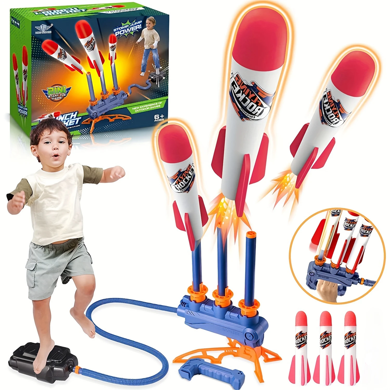 Toy Rocket Launcher 2-in-1 Continuous Shots Launcher Design, Jump Rocket Launcher With 3 Rockets, Fun Outdoor Toy， Boys Girls